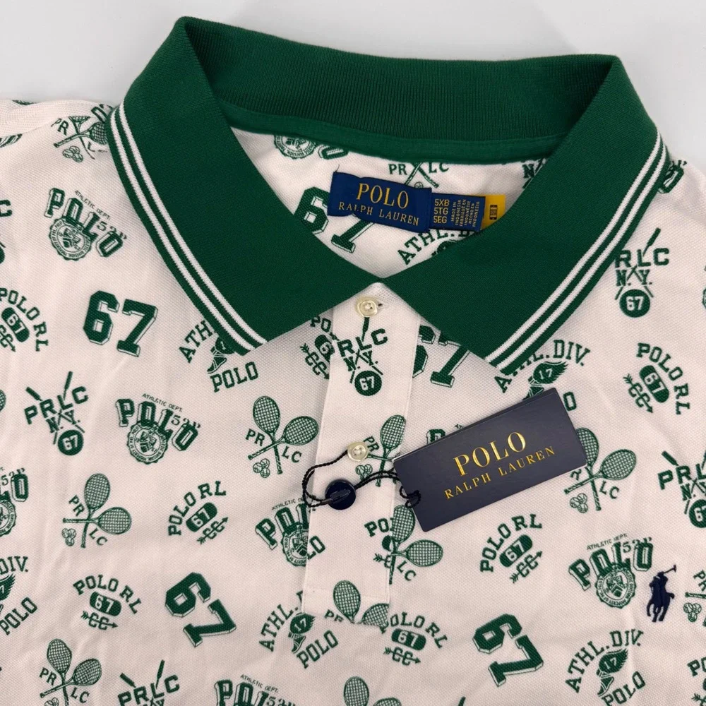 Polo Ralph Lauren Polo Shirt Mens 5XB White Green Tennis Graphic Print New
